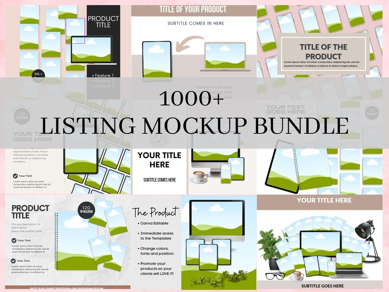 Op de afbeelding: Een mockup-bundel met meer dan 1000 listing-sjablonen voor Etsy-winkels. De sjablonen tonen een verscheidenheid aan apparaten, waaronder telefoons, tablets en laptops, met een groene en blauwe landschapsachtergrond. De tekst "1000+ Listing Mockup Bundle" wordt weergegeven in grote, vetgedrukte letters.