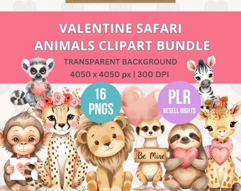 PLR/MRR権付きバレンタインサファリ動物クリップアートバンドル | Canva編集可能PNG
