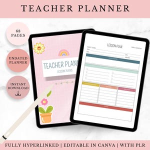 Könnte beinhalten: Ein digitaler Planer für Lehrer mit 68 Seiten, mit einem rosa und weißen Cover mit einem Blumen- und Regenbogen-Design. Der Planer ist undatiert und enthält eine Vorlage für einen Unterrichtsplan. Der Text "TEACHER PLANNER" befindet sich oben im Bild. Der Text "TEACHER PLAN" befindet sich auf dem Cover des Planers. Der Text "LESSON PLANS" befindet sich unter dem Titel auf dem Cover. Der Text "LESSON PLAN" befindet sich oben auf der Vorlage für den Unterrichtsplan. Der Text "FULLY HYPERLINKED | EDITABLE IN CANVA | WITH PLR" befindet sich unten im Bild.