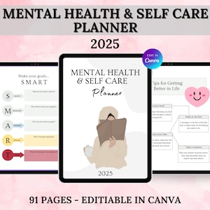 2025 Planer für psychische Gesundheit und Selbstfürsorge mit Master-Wiederverkaufsrechten, Dankbarkeit, Selbstliebe-Journal, digitales PLR-Produkt, druckbare Canva-Vorlage