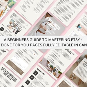 Op de afbeelding: Een roze en witte digitale gids met de titel "A Beginners Guide to Mastering Etsy - 40 Done For You Pages Fully Editable in Canva". De gids bevat informatie over het lanceren van een succesvolle Etsy-winkel, verkopen op Etsy en Etsy-ondernemerschap.