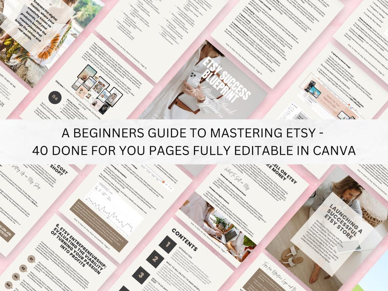 Op de afbeelding: Een roze en witte digitale gids met de titel "A Beginners Guide to Mastering Etsy - 40 Done For You Pages Fully Editable in Canva". De gids bevat informatie over het lanceren van een succesvolle Etsy-winkel, verkopen op Etsy en Etsy-ondernemerschap.