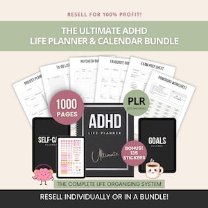 Könnte beinhalten: Ein digitales ADHD-Lebensplaner- und Kalender-Bundle wird gezeigt. Das Design umfasst einen Planer, ein Tablet mit Aufklebern und ein Notizbuch. Der Text enthält "The Ultimate ADHD Life Planner & Calendar Bundle", "1000 Pages" und "Goals".