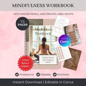 Cuaderno de trabajo y diario de mindfulness: Planificador de autocuidado y salud mental (Plantilla de Canva, PLR)