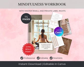 Mindfulness Workbook & Journal: Self-Care, Mental Health Planner (Canva Template, PLR)