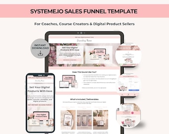 Systeme.io ファネルテンプレート – デジタル製品販売者向けパウダーピンクの販売・サンキューページ