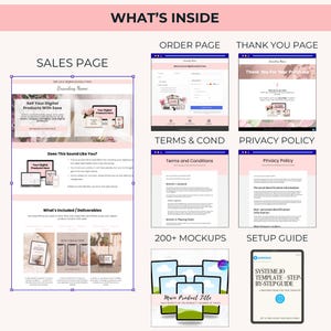 May include: A digital product template showcasing a sales page, order page, and thank you page, with terms, privacy policy, and mockups. The design uses a pink and white color palette. Text includes "Sell Your Digital Products With Ease."