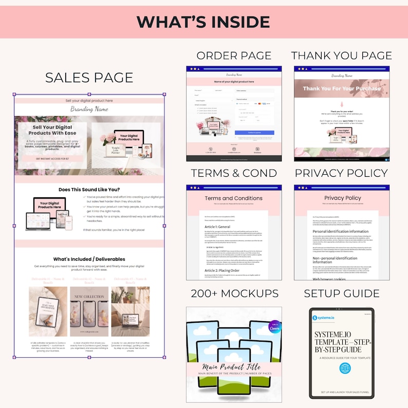 May include: A digital product template showcasing a sales page, order page, and thank you page, with terms, privacy policy, and mockups. The design uses a pink and white color palette. Text includes "Sell Your Digital Products With Ease."