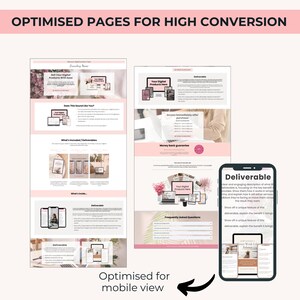 May include: An image showcasing digital marketing concepts, featuring website mockups and a smartphone displaying a webpage. Text includes "Optimised Pages for High Conversion" and "Deliverable". The design uses a pink and white color scheme.