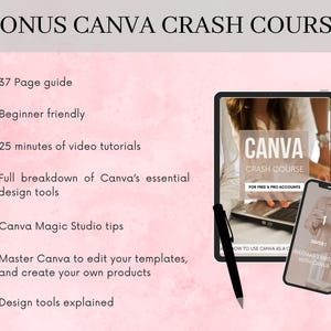 Op de afbeelding: Een roze achtergrond met een checklist van functies voor een Canva-crashcursus. De checklist omvat een ​​37-pagina's tellende handleiding, gebruiksvriendelijk voor beginners, 25 minuten video-tutorials, een volledige uitsplitsing van de essenti&euml;le ontwerptools van Canva, tips voor Canva Magic Studio, het beheersen van Canva om je sjablonen te bewerken en je eigen producten te maken, en een uitleg van de ontwerptools. De afbeelding toont ook een screenshot van een Canva-crashcursus voor gratis en pro-accounts, en een telefoon met een screenshot van het eerste hoofdstuk van de cursus, "Getting Started with Canva".