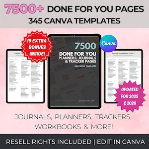 7500 Done For You Canva Digital Product Templates with PLR & MRR Editable 2025-2026 Planners, Journals, Trackers, DFY Passive Income Bundle