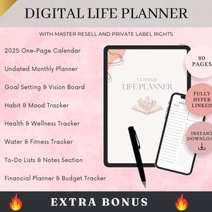 May include: A digital life planner with 80 pages, featuring a pink and white design. The planner includes a 2025 one-page calendar, undated monthly planner, goal setting and vision board, habit and mood tracker, health and wellness tracker, water and fitness tracker, to-do lists and notes section, and financial planner and budget tracker. The planner is fully hyperlinked and includes an instant download.