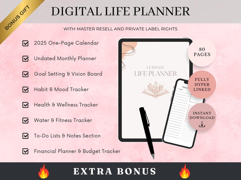 May include: A digital life planner with 80 pages, featuring a pink and white design. The planner includes a 2025 one-page calendar, undated monthly planner, goal setting and vision board, habit and mood tracker, health and wellness tracker, water and fitness tracker, to-do lists and notes section, and financial planner and budget tracker. The planner is fully hyperlinked and includes an instant download.