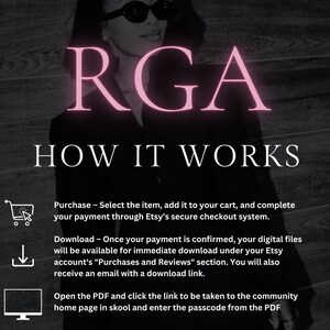 May include: A pink graphic with the text "RGA" and "HOW IT WORKS" in white. The graphic explains how to purchase and download digital files from Etsy.