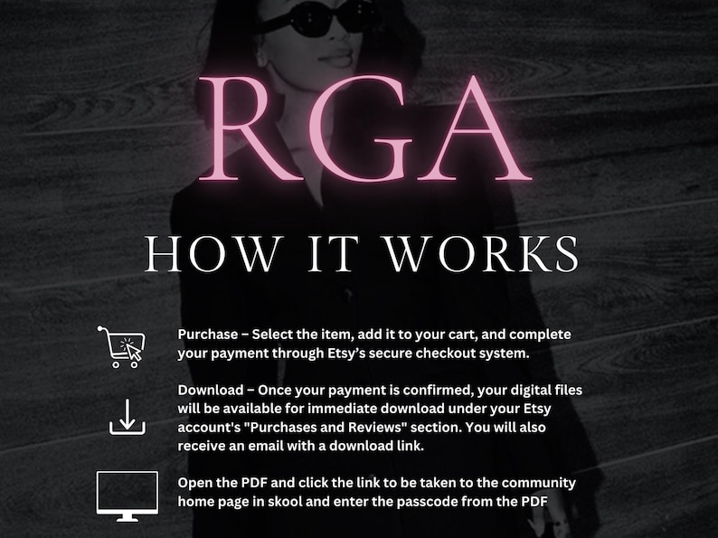 May include: A pink graphic with the text "RGA" and "HOW IT WORKS" in white. The graphic explains how to purchase and download digital files from Etsy.