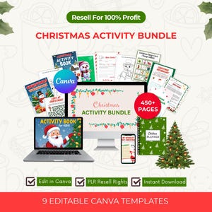 Puede incluir: Gráfico de un paquete de actividades navideñas con un portátil, un monitor de ordenador y un smartphone que muestran páginas de actividades navideñas. La imagen incluye un árbol de Navidad, una agenda y el texto "Resell For 100% Profit".
