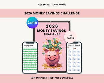 2026 Money Savings Challenge Planner: Budget Tracker Canva Template (Digital Download)