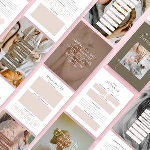 May include: A set of printable journal pages with a neutral color scheme. The pages include prompts for self-reflection, goal setting, and mindfulness. The pages feature a minimalist design with a focus on self-care and personal growth.
