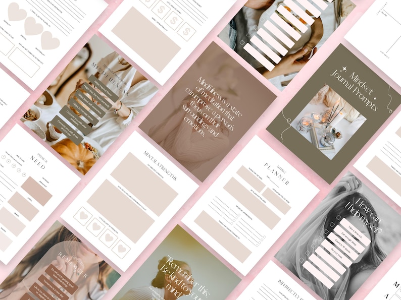 May include: A set of printable journal pages with a neutral color scheme. The pages include prompts for self-reflection, goal setting, and mindfulness. The pages feature a minimalist design with a focus on self-care and personal growth.