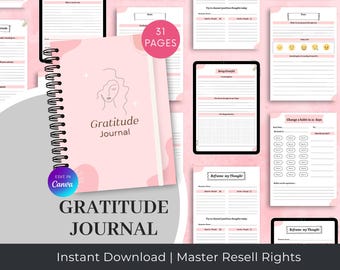 May include: A pink gratitude journal with a spiral binding, featuring the text "Gratitude Journal" and a line drawing of a woman's face. The image includes pages with prompts and the text "Edit in Canva".