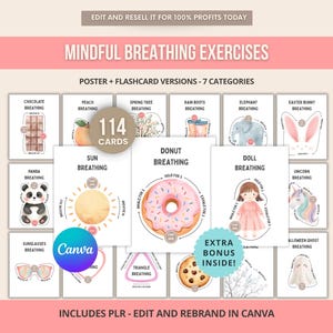 May include: A collection of flashcards and a poster for mindful breathing exercises. The cards feature illustrations of a chocolate bar, peach, spring tree, rain boots, elephant, Easter bunny, panda, sun, donut, doll, unicorn, sunglasses, triangle, and a Halloween ghost. The text reads "Mindful Breathing Exercises".