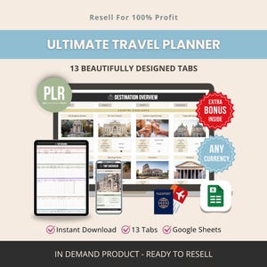 Puede incluir: Planificador de viajes digital con el texto "ULTIMATE TRAVEL PLANNER" y "13 BEAUTIFULLY DESIGNED TABS." Incluye una tableta, un teléfono y un icono de pasaporte. Con el texto "Instant Download," "13 Tabs" y "Google Sheets."