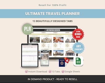 旅行プランナースプレッドシート | Googleスプレッドシート 旅行予算、旅程、持ち物リスト | 編集可能なPLRテンプレート