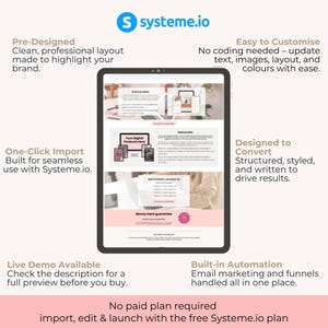 May include: A digital tablet shows a website interface with text and images. The Systeme.io logo is at the top. Text highlights features like pre-designed layouts, easy customisation, and built-in automation. The tablet is on a light pink background.