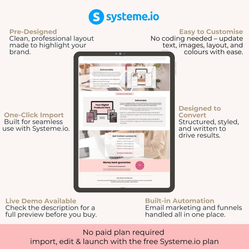 May include: A digital tablet shows a website interface with text and images. The Systeme.io logo is at the top. Text highlights features like pre-designed layouts, easy customisation, and built-in automation. The tablet is on a light pink background.