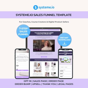 Puede incluir: Gráfico de marketing digital con el logotipo de Systeme.io y el texto "SYSTEME.IO SALES FUNNEL TEMPLATE". La imagen muestra un portátil y dos smartphones que muestran información sobre el embudo de ventas. Diseñado para coaches, creadores de cursos y vendedores de productos digitales.