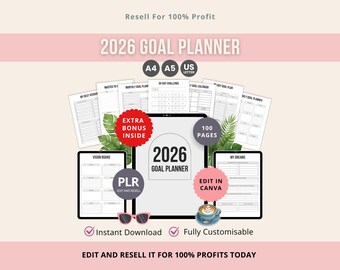 2026年目標プランナー Canvaテンプレート PLR | 編集可能な年間、月間、週間プランナー