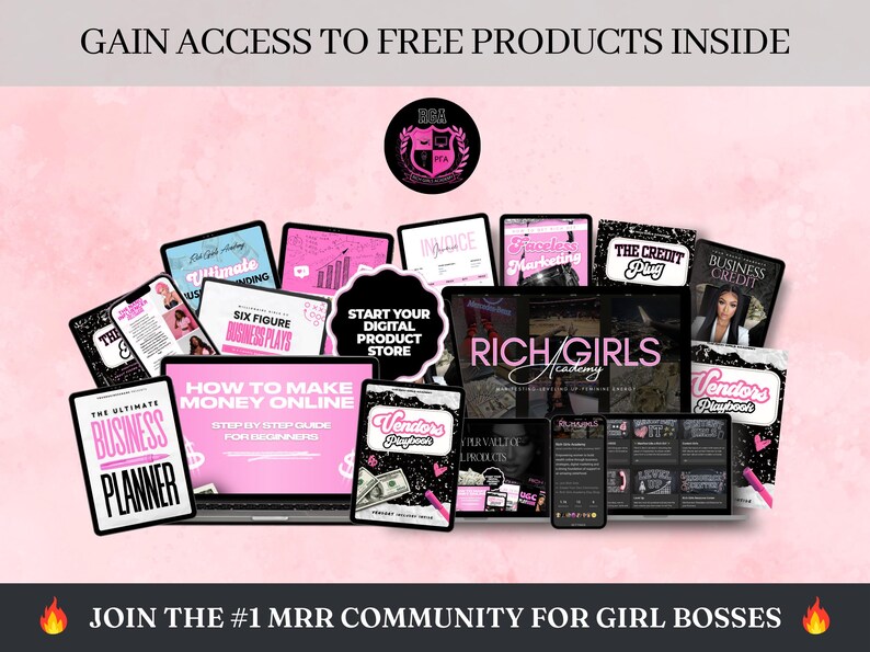 May include: A collage of digital products for entrepreneurs, including guides, planners, and workbooks. The products are pink and black with text that reads "The Ultimate Business Planner", "How to Make Money Online", "Six Figure Business Plays", "Start Your Digital Product Store", "The Credit Plug", "Business Credit", "Vendors Playbook", "Rich Girls Academy", and "Invoice".