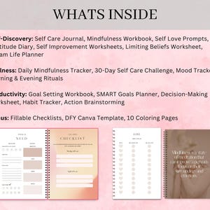 May include: A pink and white background with the text "WHATS INSIDE" in black. The text lists the contents of a self-care journal, including self-discovery, wellness, productivity, and bonus items. The image also shows three open journals with different titles: "NEED", "CHECKLIST", and "LOVE".