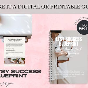 Op de afbeelding: Een digitale gids met de titel "Etsy Success Blueprint: The Ultimate Guide for Beginners" met een vrouw die een telefoon in de ene hand en een bruine tas in de andere hand houdt. De gids is 40 pagina's lang en is bewerkbaar met Canva. De gids wordt getoond terwijl deze wordt afgedrukt op een printer.
