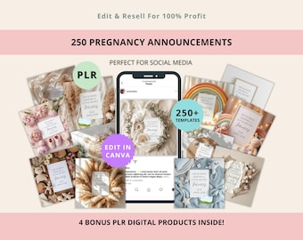 妊娠発表テンプレート250種類以上｜編集可能なCanva｜PLRベビーリビールバンドル