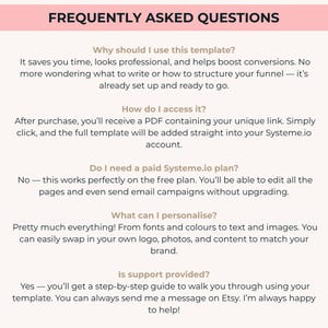 May include: A webpage titled "FREQUENTLY ASKED QUESTIONS" with text answering common questions about a template. The questions cover template usage, access, personalization, and support. The background is a light pink.