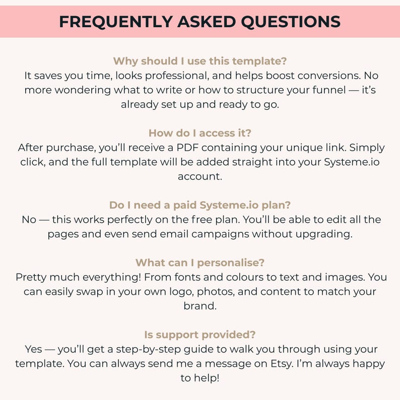 May include: A webpage titled "FREQUENTLY ASKED QUESTIONS" with text answering common questions about a template. The questions cover template usage, access, personalization, and support. The background is a light pink.