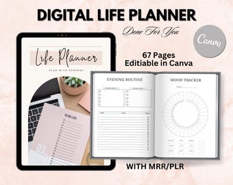 May include: A digital life planner with 67 pages, editable in Canva. The planner includes sections for to-do lists, evening routines, and mood tracking. The planner is designed with a minimalist aesthetic and features a pink and gray color scheme.
