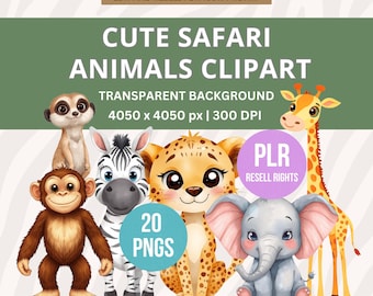 サファリ動物クリップアートバンドルPLR | 再販権付き水彩PNG