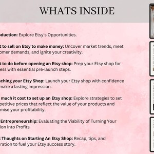 Op de afbeelding: Een roze en witte afbeelding met de tekst "WHATS INSIDE" in zwart. De afbeelding somt de inhoud van een Etsy Success Blueprint op, inclusief informatie over hoe je op Etsy kunt verkopen, hoe je een Etsy-winkel voorbereidt, hoe je een Etsy-winkel lanceert, hoe je producten prijzen en hoe je een passie in winst kunt omzetten.