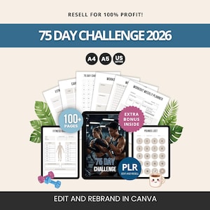 Planificador de desafío de 75 días / Plantilla editable de Canva (PLR) / Paquete de rastreador de actividad física / Derechos de reventa
