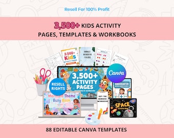 キッズアクティビティ＆ラーニングバンドル - 3,500以上の編集可能なCanvaページ、塗り絵、算数、パズル（再販権付き）