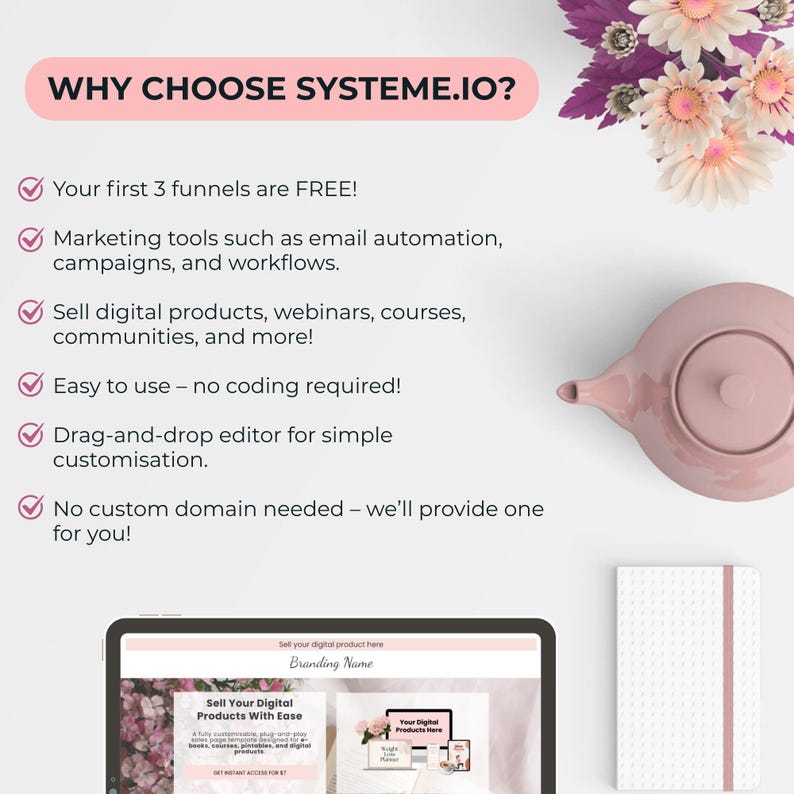 May include: Promotional image with the text "WHY CHOOSE SYSTEME.IO?" and bullet points detailing the platform's features. A pink teapot, flowers, and a tablet displaying a website design are also visible.
