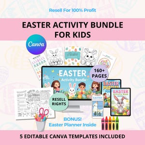 Pacote de Atividades de Páscoa para Crianças | Livro de Quebra-Cabeças e Páginas para Colorir para Imprimir | Modelos Editáveis do Canva PLR MRR