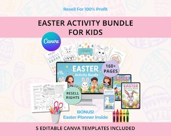 イースターキッズアクティビティバンドル | 印刷可能なパズルブックと塗り絵ページ | 編集可能なCanvaテンプレート PLR MRR