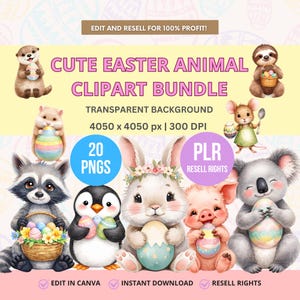 May include: A digital art bundle featuring cute Easter animal clipart. The image includes a variety of animals such as a bunny, penguin, and koala, each holding or near decorated Easter eggs. Text includes "Cute Easter Animal Clipart Bundle" and "Edit and Resell for 100% Profit!"