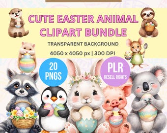 イースター動物クリップアートPLRバンドル、Canvaで編集可能なPNG、再販権付きMRR