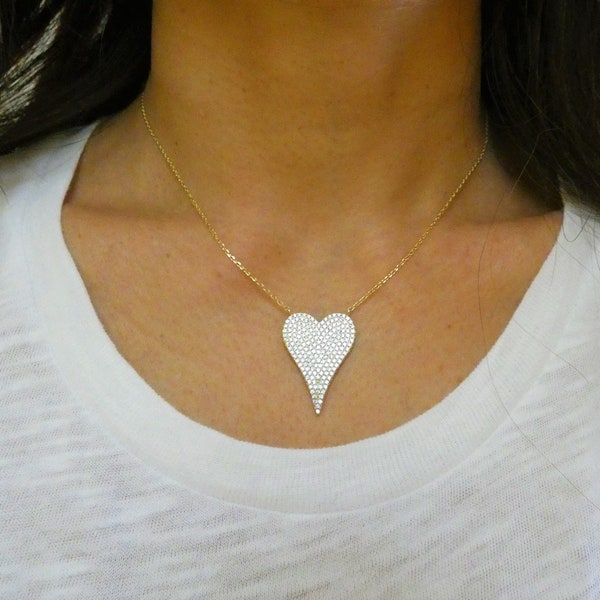 Heart Necklace, Elongated Heart Necklace, Pave Heart Necklace, Large Heart Necklace, Gift for Mom, Love Necklace, Mothers Day Gift