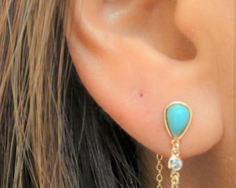 Dangle Chain Earrings, Turquoise Earrings, Turquoise Chain Earrings, Ear Jacket, Dainty Ear Jacket, Dainty Earrings, Delicate Earrings