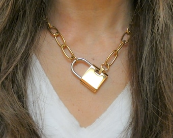 Padlock Necklace, Lock Necklace, Lock Paperclip Chain Necklace, Gold Lock Necklace, Chunky Necklace, Layering Necklace